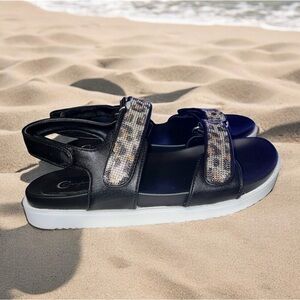 Comfort sandals black with leopard print rhinestone straps